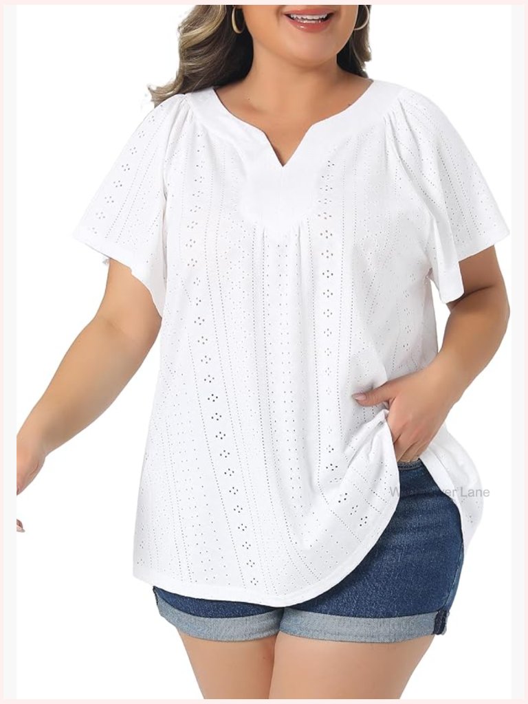 Plus Size Eyelet Embroidery Top V Neck Short Sleeve Blouse